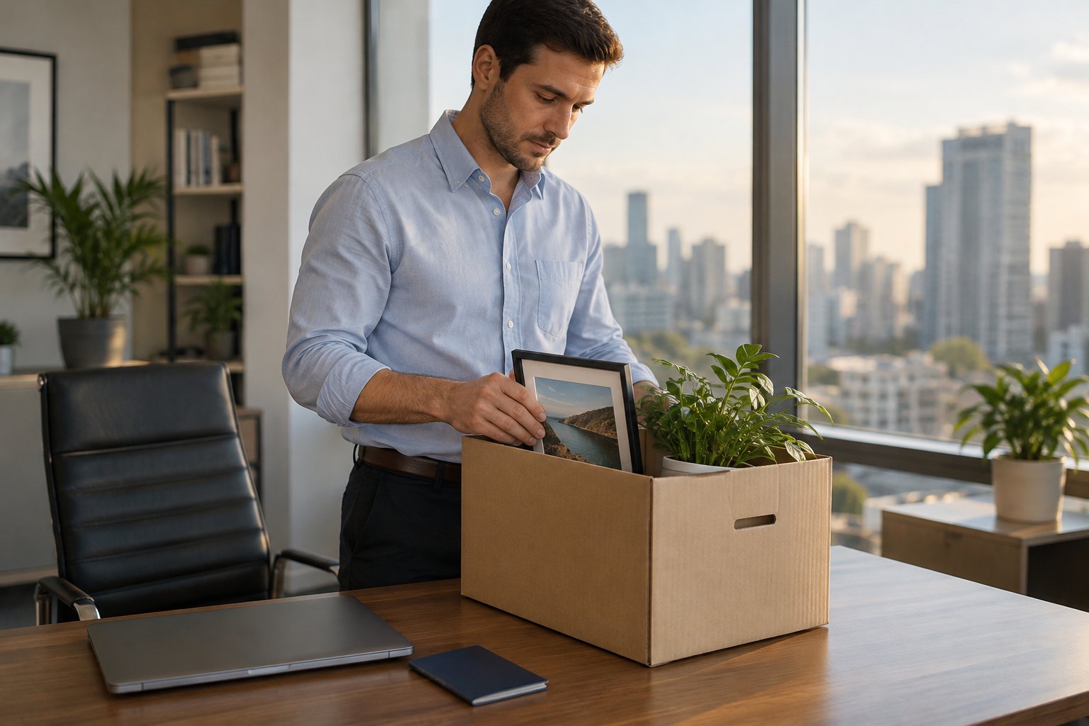 Visa holder packing personal items from his office desk after a layoff, facing the 60-day grace period for H-1B, O-1, E-2, L-1 and TN workers